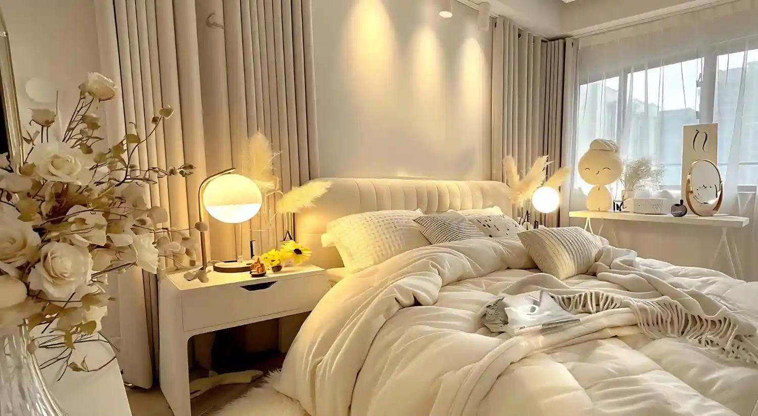 Calm neutral bedroom with upholstered bed, two nightstands, warm lamps, and layered linen bedding