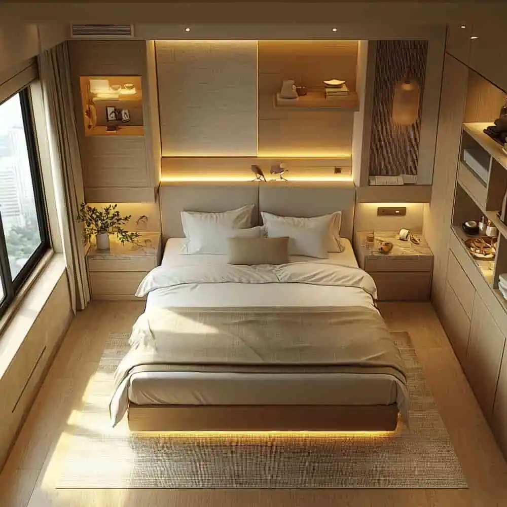 Bedroom with the bed floated on the main wall, clear walkways on both sides, and balanced nightstands