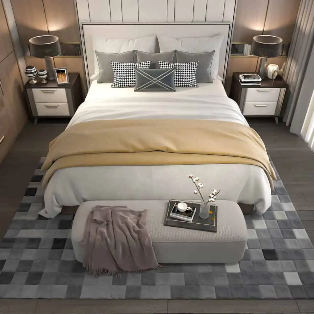 Bedroom floor plan view with 30-inch side clearance around the bed and a dresser on a side wall