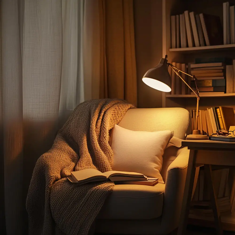 Side-by-side bedroom showing a cold overhead-lit room next to a warm layered-lighting version
