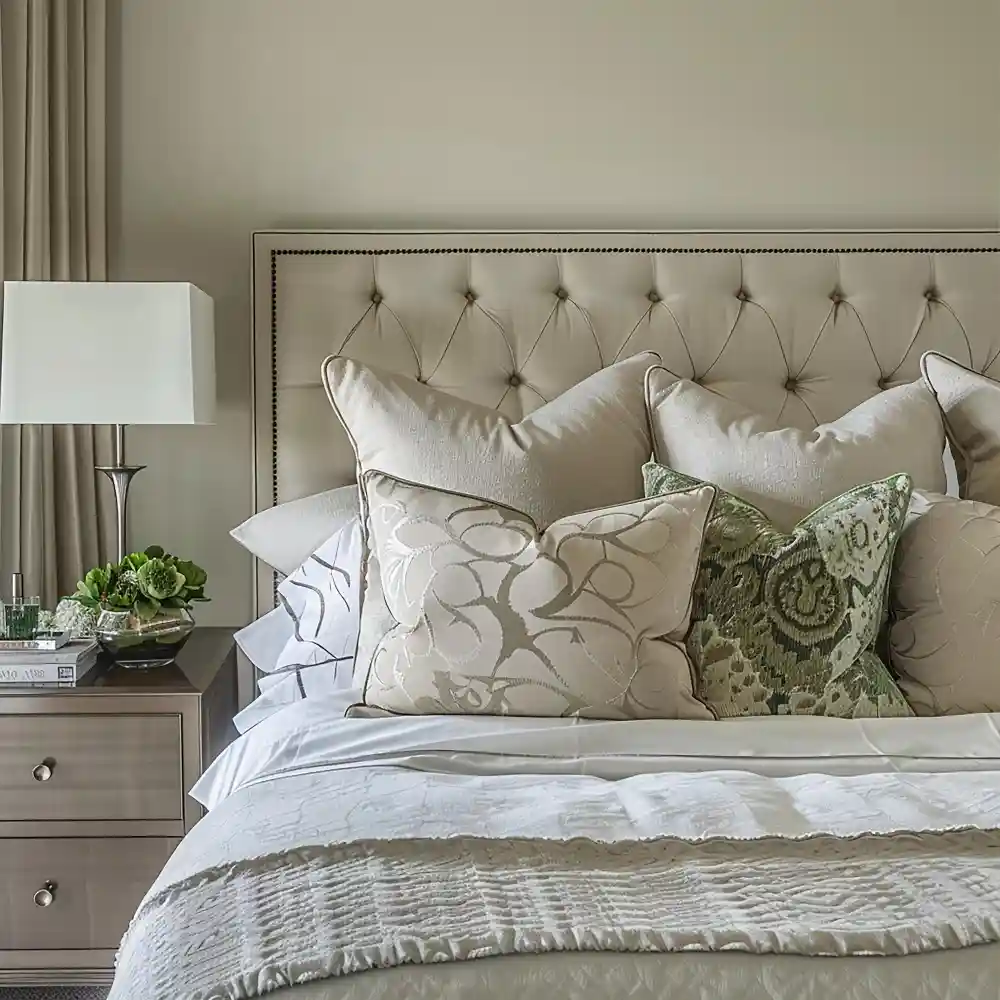 DIY upholstered linen headboard panel on a bedroom wall with a cream and oat bedding palette