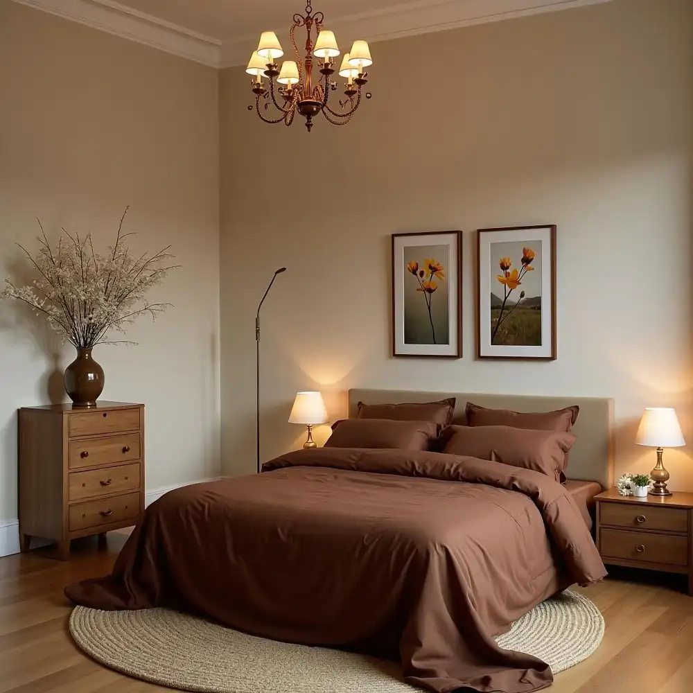 Close-up of a warm greige accent wall behind a bed with a brushed brass lamp and layered cream linen bedding