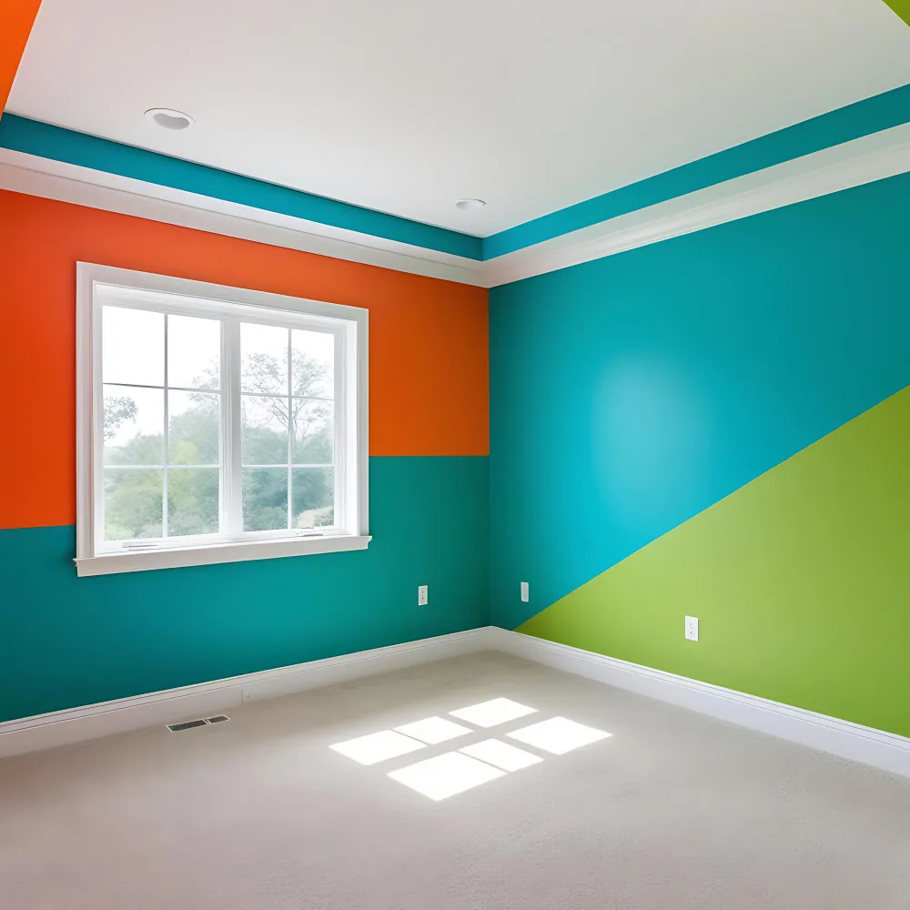 Two large bedroom paint test patches taped to a wall beside a window in daytime light