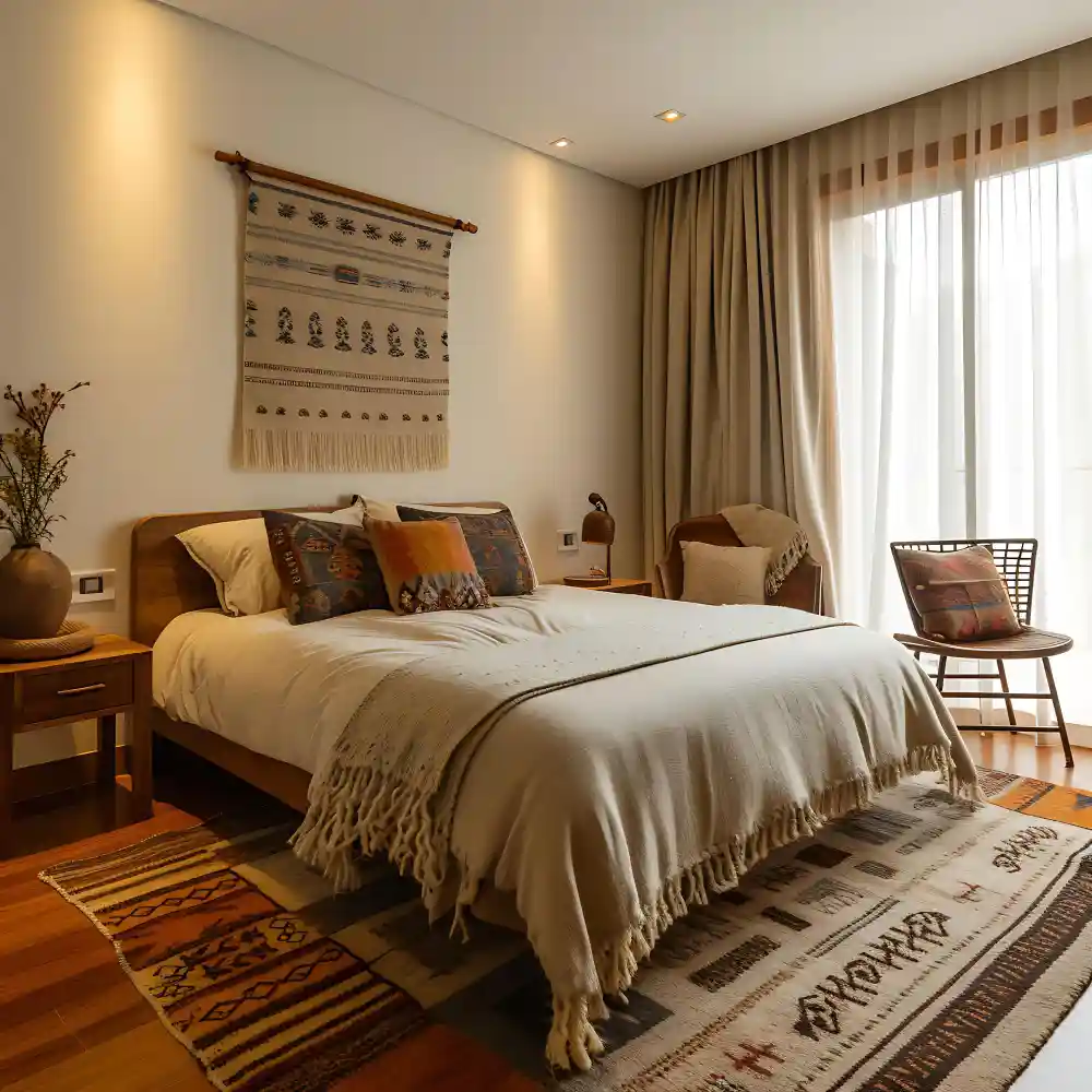 Bedroom with a jute 8x10 area rug under a queen bed and floor-length linen curtains hung near the ceiling