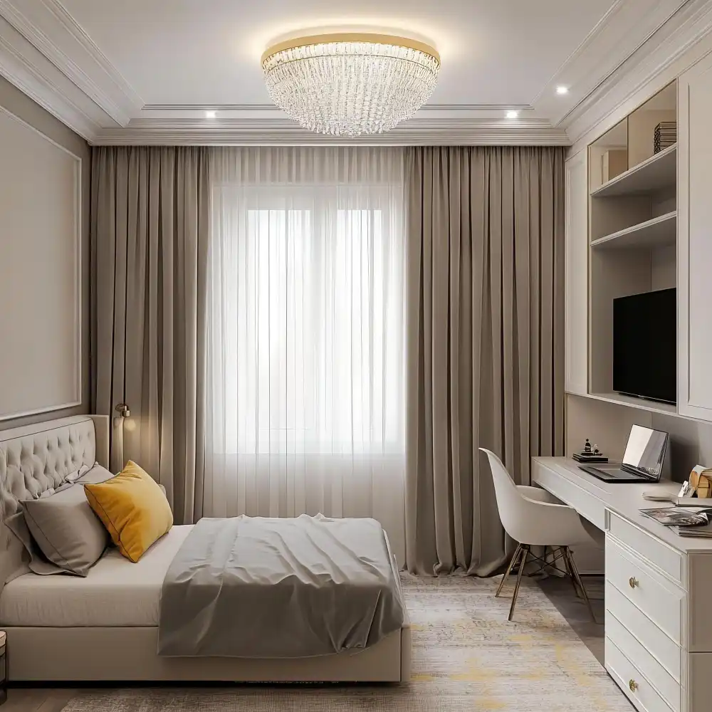 Area rug floating eighteen to twenty-four inches past a bed with the front two-thirds of the bed on top