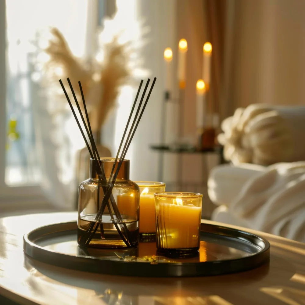 Styled bedroom nightstand with reed diffuser, small ceramic dish, and warm lamp creating ambient scent and light