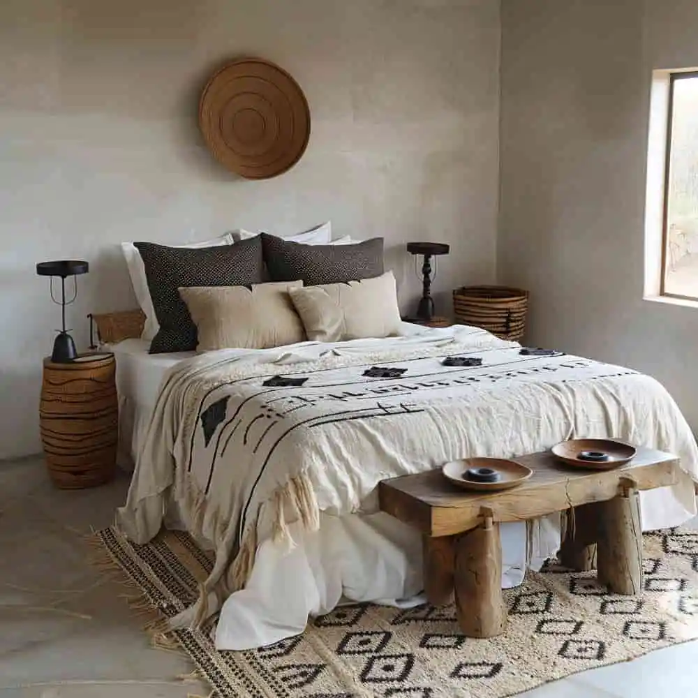 Warm japandi bedroom with low oak bed, oat linen bedding, paper-shade lamp, and minimal styling