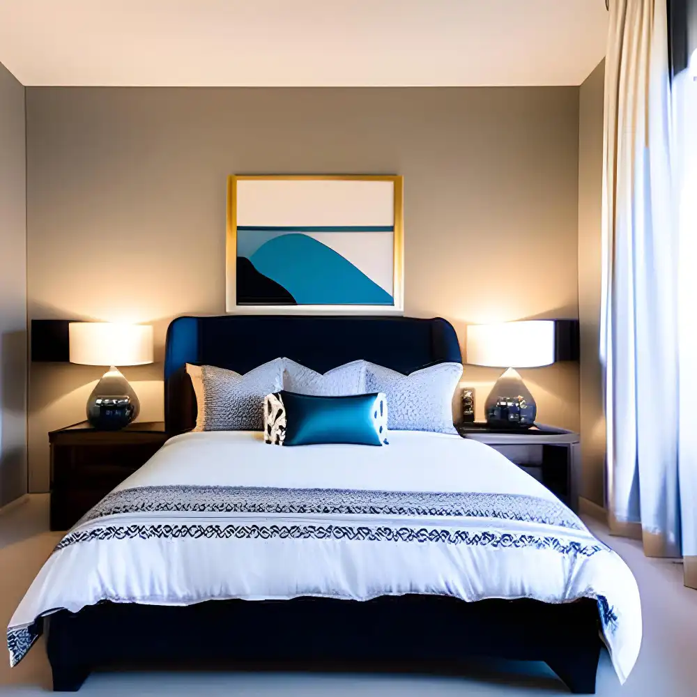 Calm bedroom styled from the bed outward with headboard, nightstands, art, and a grounding area rug