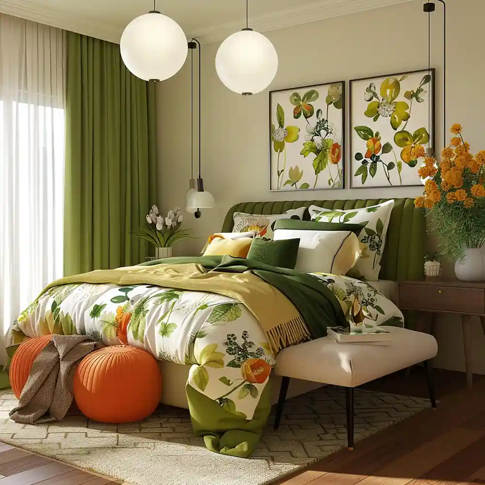 Curved wrap-around upholstered linen headboard in a cozy 2026 bedroom with warm ambient lighting