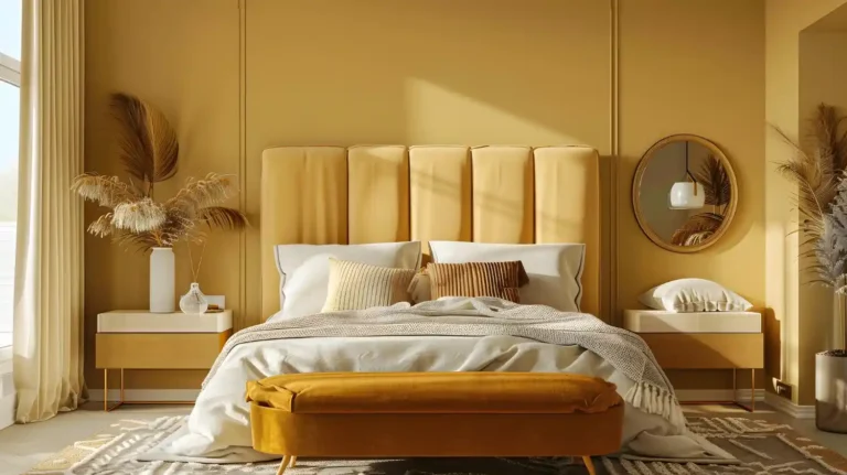 Warm 2026 bedroom with curved linen headboard, warm greige walls, brushed brass lamp, and layered linen bedding