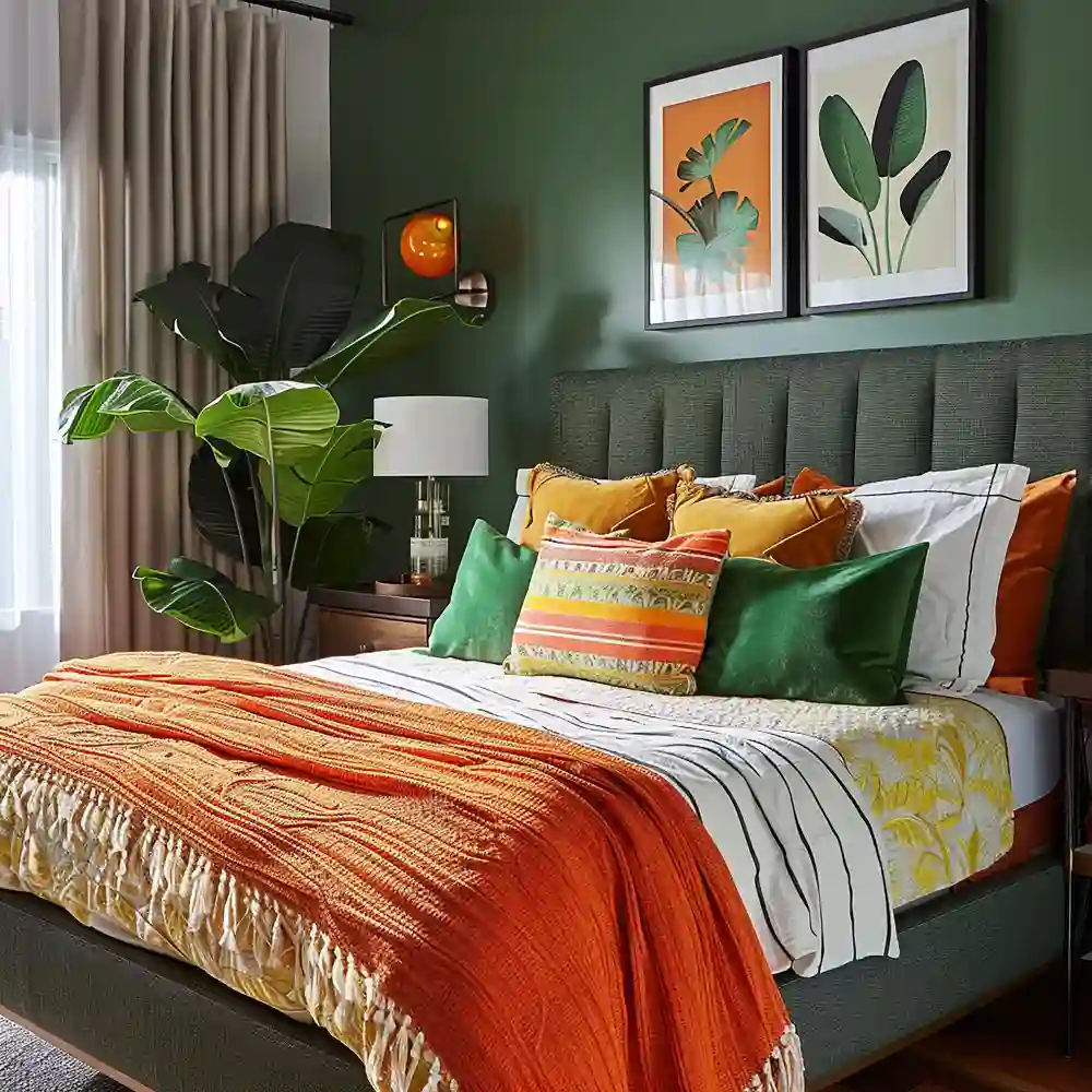 Japandi 2026 bedroom with smoked oak furniture, linen bedding, handmade ceramics, and limewash plaster wall