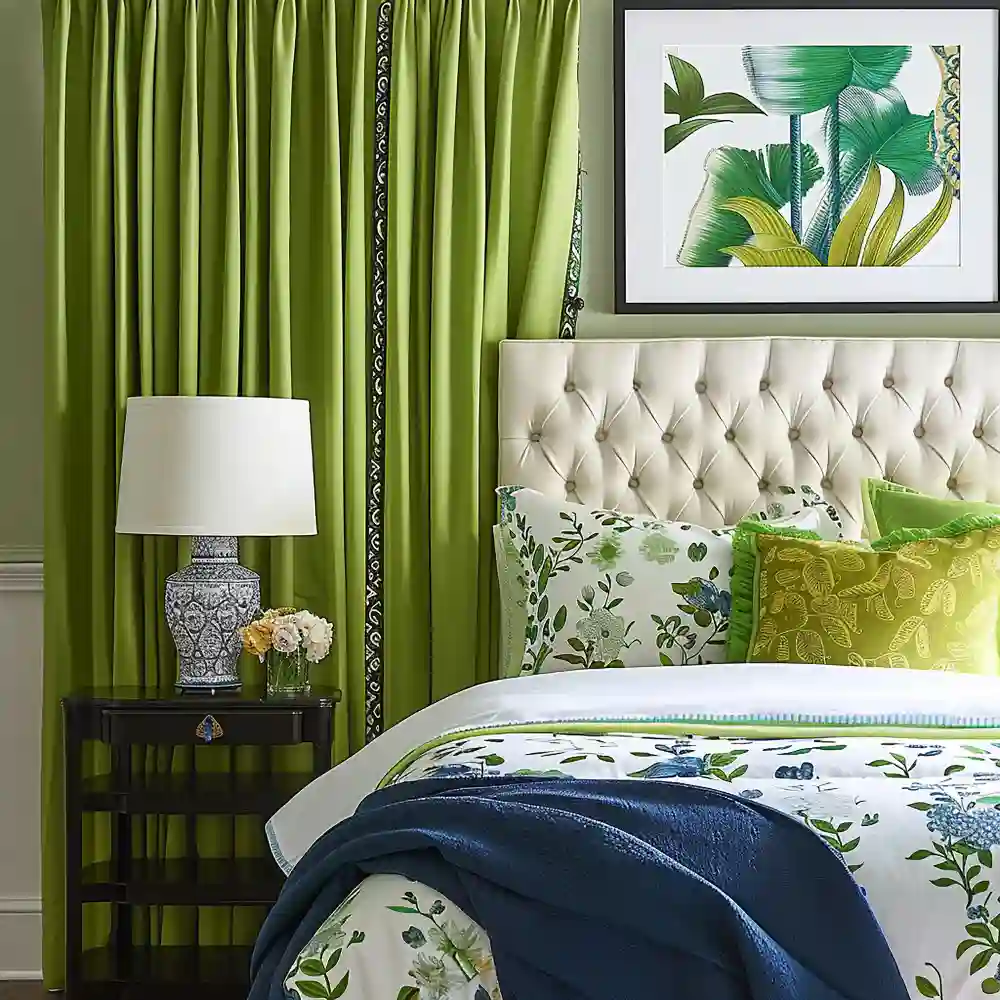 Quiet luxury bedroom with linen euro shams, raw oak nightstand, brushed brass hardware, and wool throw