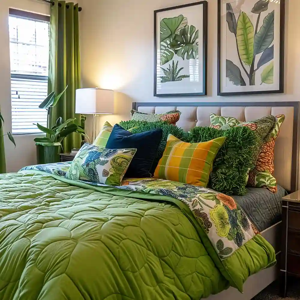 Close-up of layered bedroom textures including boucle pillow, linen duvet, jute rug edge, and raw oak surface
