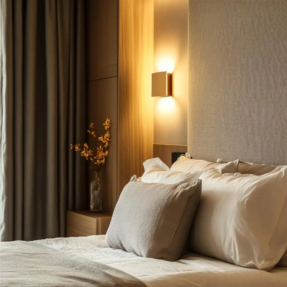 Two warm 2700K bedside lamps casting a soft amber glow on a linen-dressed bed in an evening bedroom