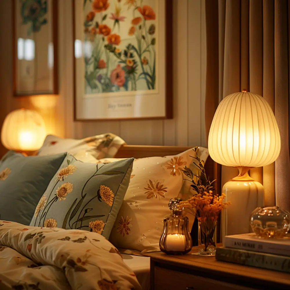 Bedroom detail showing brushed brass lamp base, aged bronze curtain rod, and warm oak nightstand surface