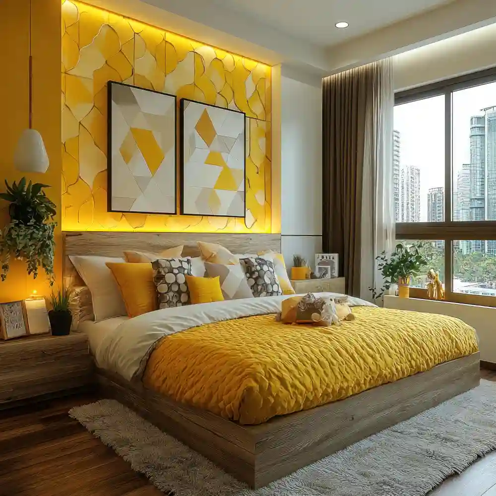 Overview of a warm, textured 2026 bedroom with boucle cushions, jute rug, and layered bedside lighting