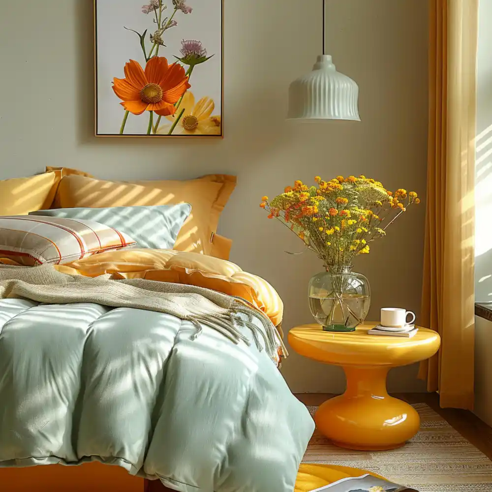 Warm bedroom with soft 2700K lamp, raw oak nightstand, and linen duvet showing quiet luxury aesthetic