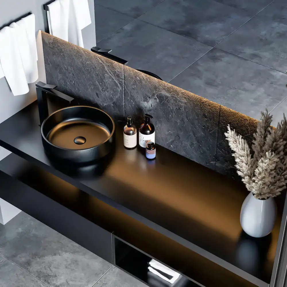 Women's bedroom ideas — compact floating shelf vanity with warm sconce lighting and round mirror