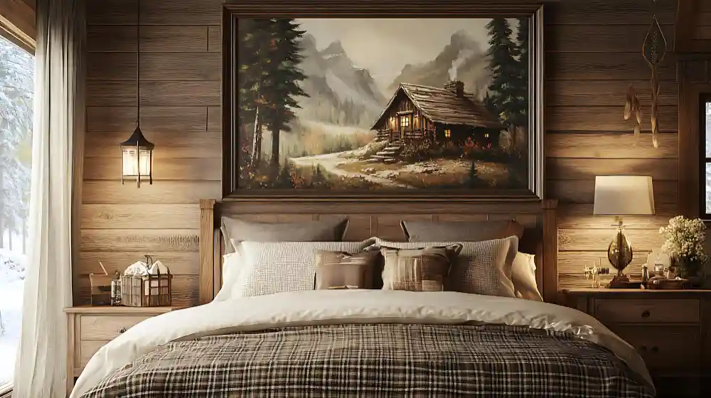 Calm bedroom with a large horizontal art piece above an upholstered bed, warm greige walls, and oak nightstands