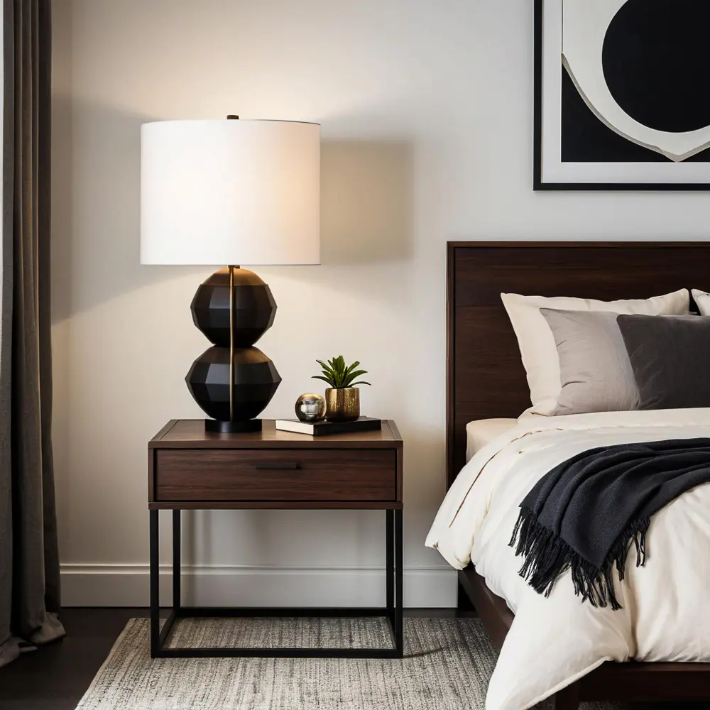 Warm dimmable ceiling light and a slim arc floor lamp softening a corner of a calm bedroom
