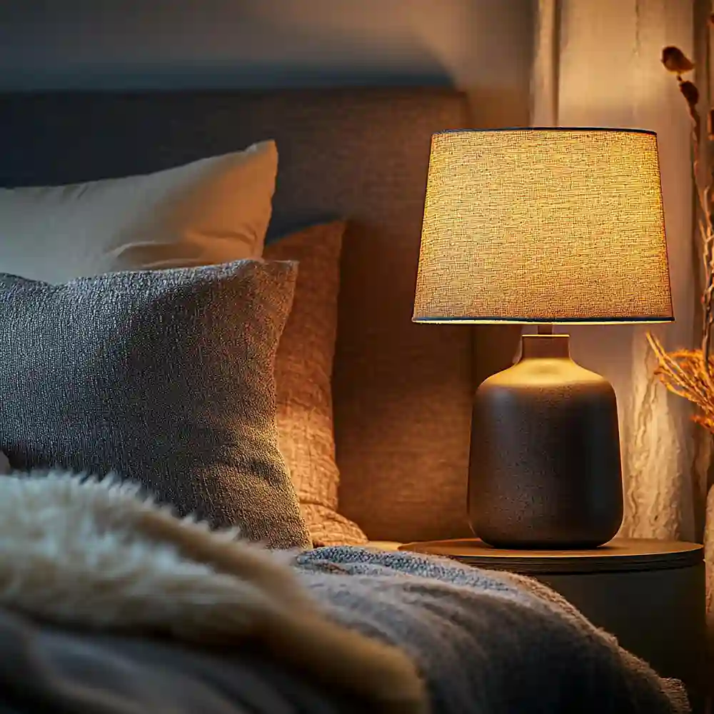 Nightstand with a warm 2700K table lamp casting a soft amber glow beside a layered bed
