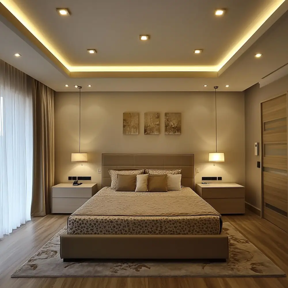 Bedroom color-drenched in one creamy beige across walls, trim, and ceiling for a soft enveloping look