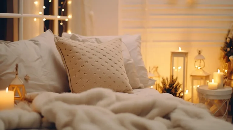 Warm beige and cream bedroom with layered linen bedding, oak nightstand, and soft 2700K lamplight