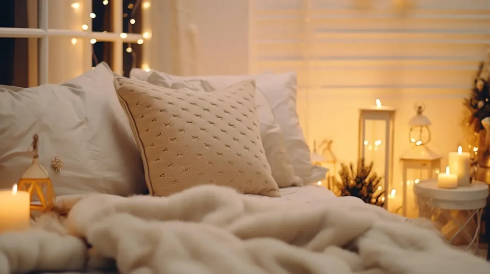 Warm beige and cream bedroom with layered linen bedding, oak nightstand, and soft 2700K lamplight