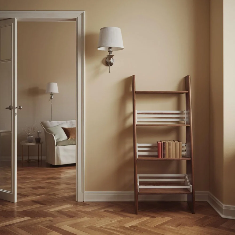 Two large warm beige paint samples taped to a bedroom wall compared in daylight