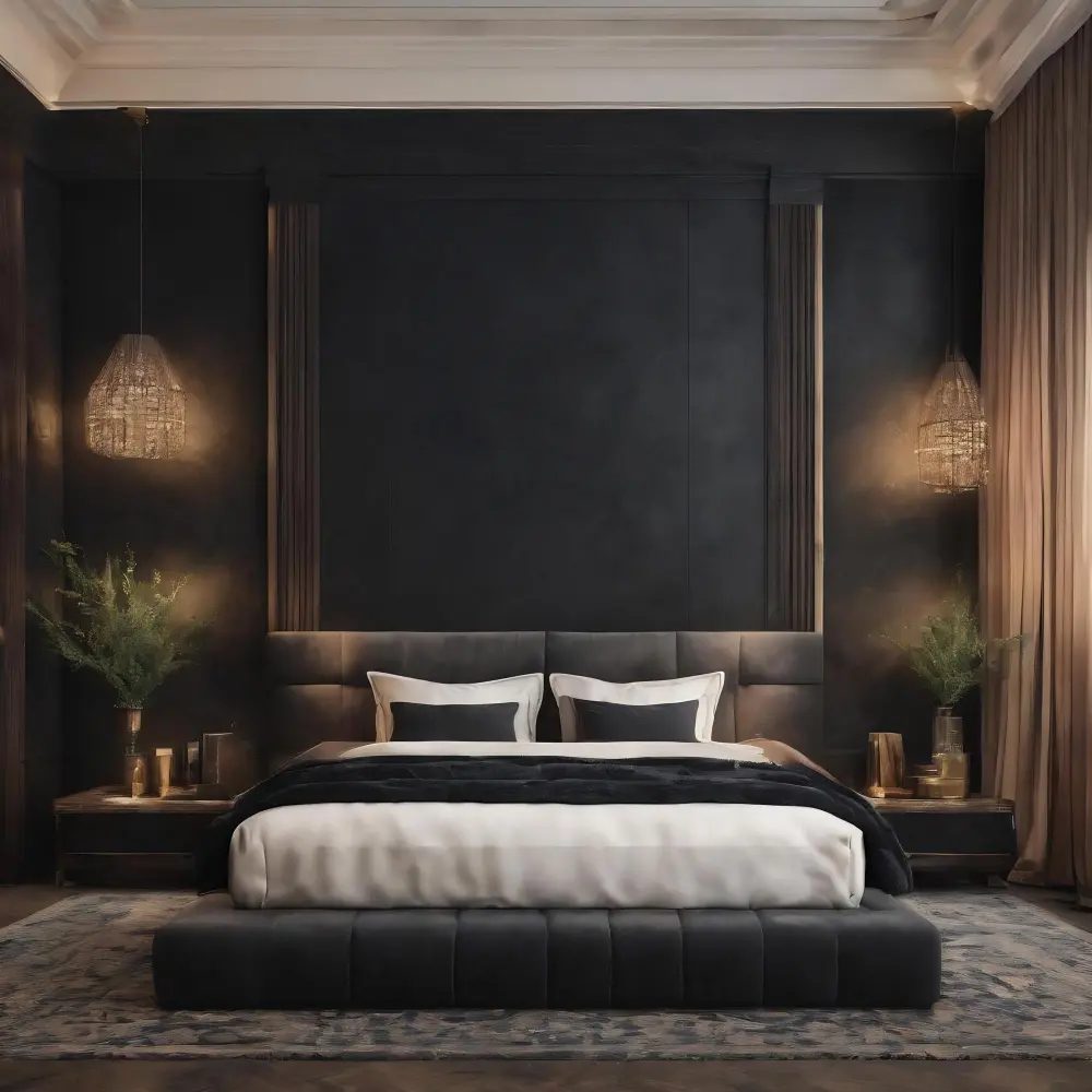 Black accent wall behind an upholstered bed with warm white side walls and a styled headboard