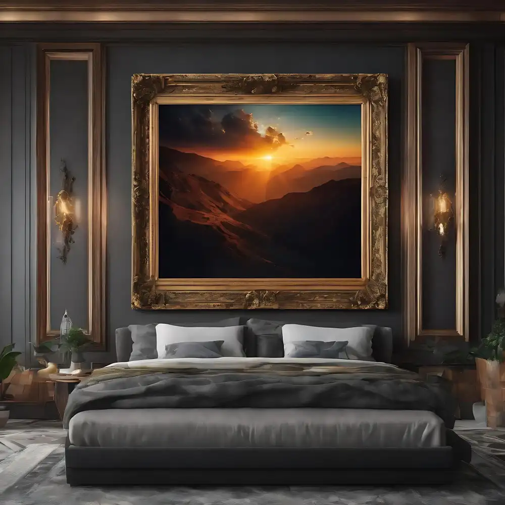 Brass swing-arm lamp and gold frames glowing against a deep black bedroom wall for a luxe look