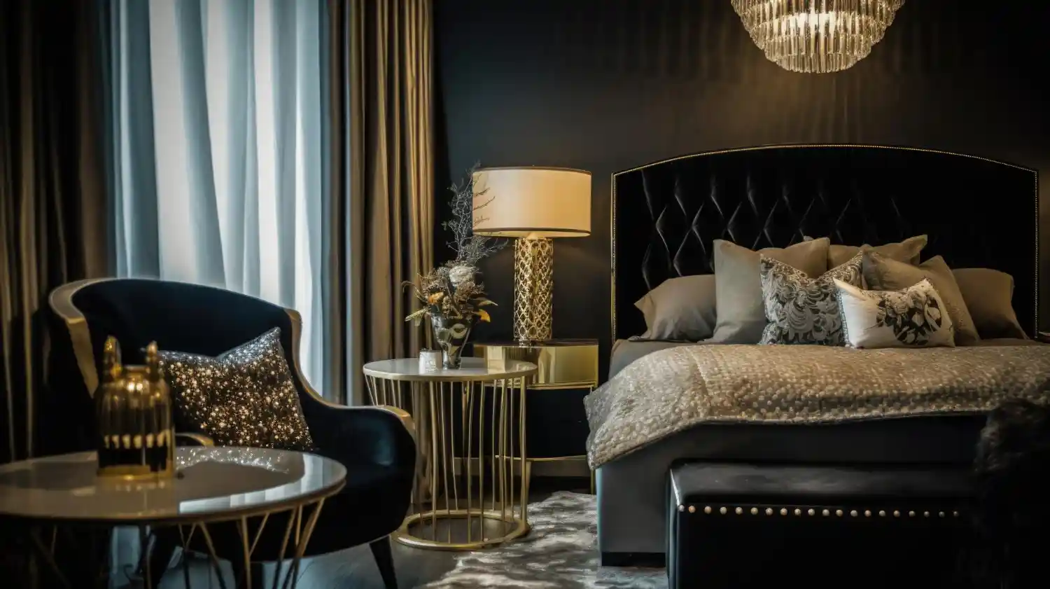 Sophisticated black bedroom with warm black walls, cream linen bedding, oak nightstand, and brass lamp glow