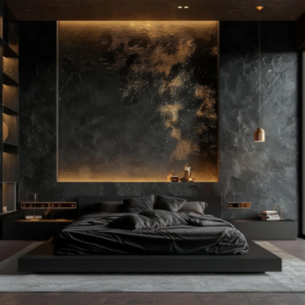 Cozy black bedroom balanced with wood, brass, and warm lamp light instead of harsh overhead lighting