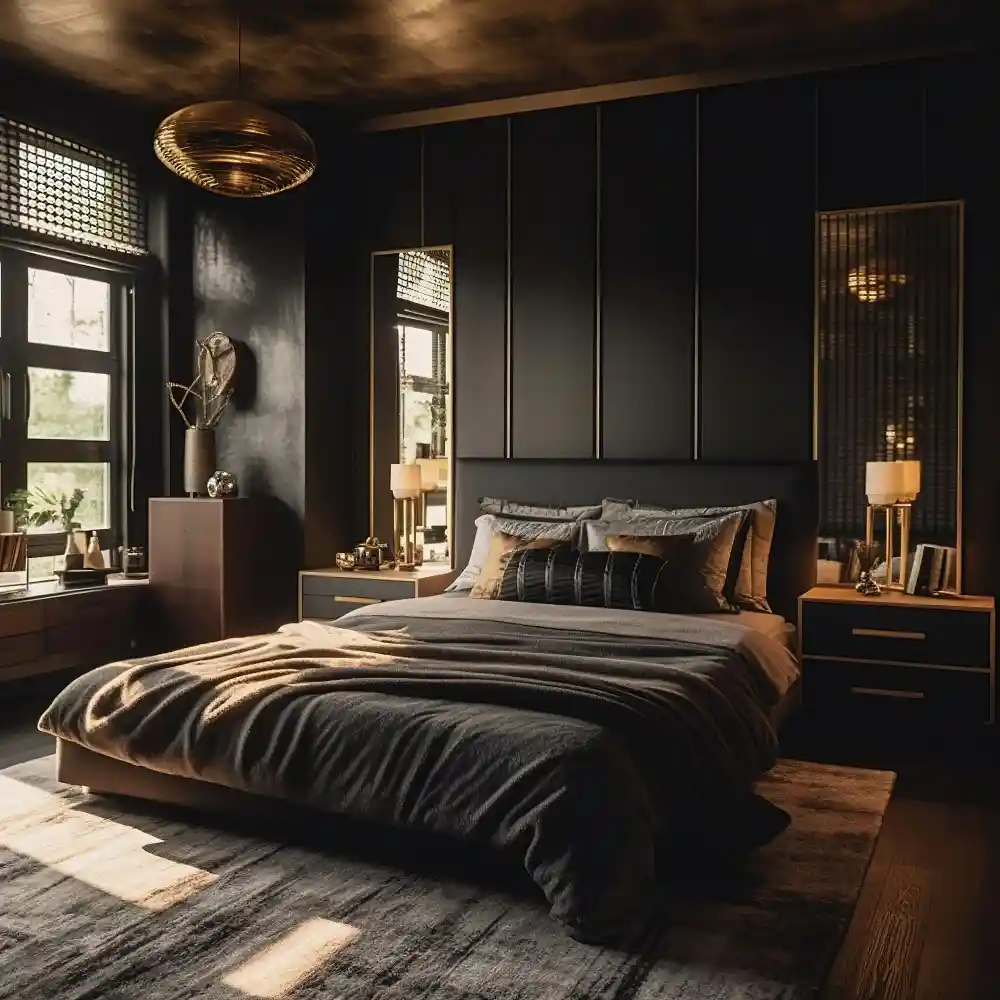 Black bedroom warmed with oak nightstand, walnut bench, and cane headboard against dark walls