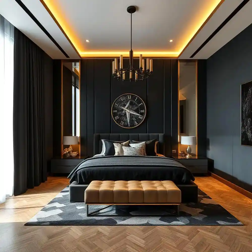 Color-drenched bedroom with warm black walls, trim, and ceiling in one shade and light bedding