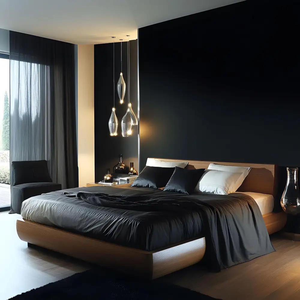 Black bedroom ideas using black platform bed and dresser against warm white walls for renters