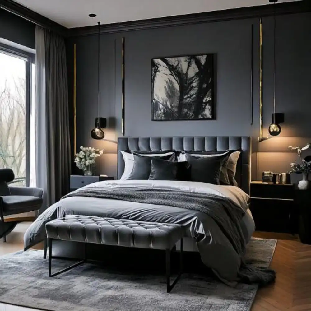 Crisp black and white bedroom with cream linen duvet and pale rug opening up dark walls
