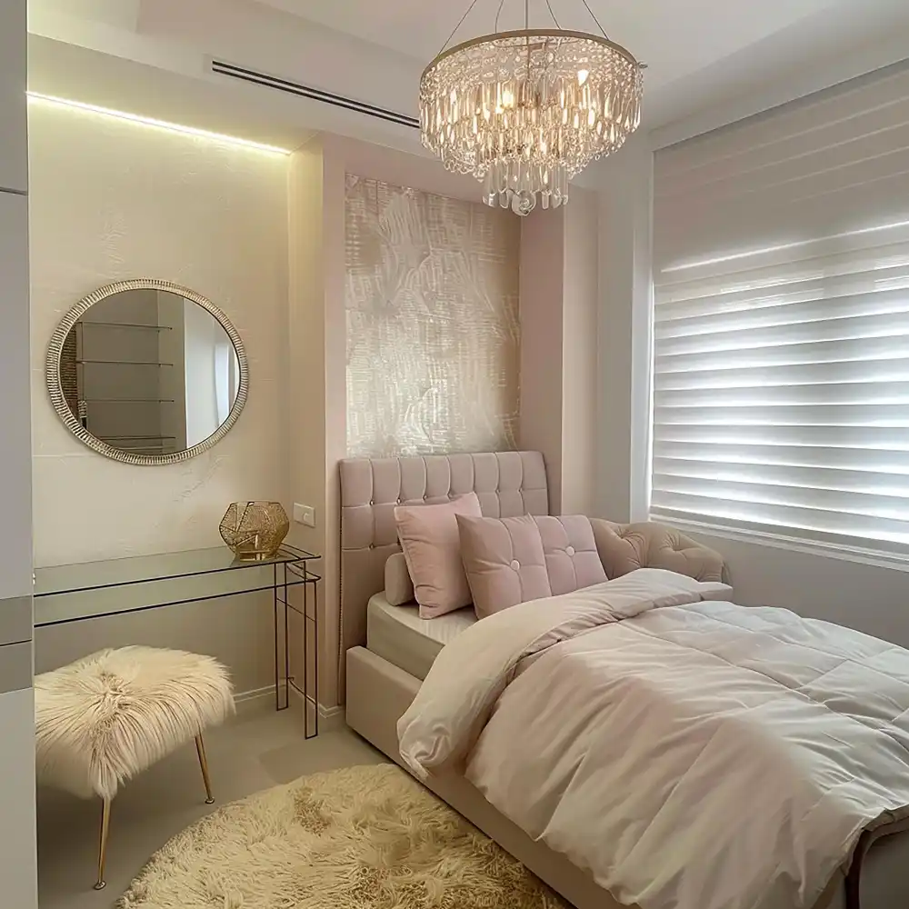 Blush and cream layered bedroom with oatmeal boucle pillow and warm white walls