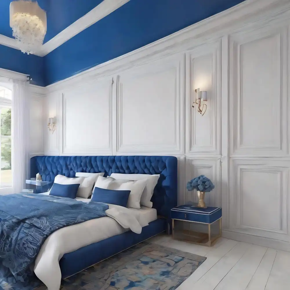 Board and batten accent wall behind a bed painted warm white with vertical battens and tailored trim