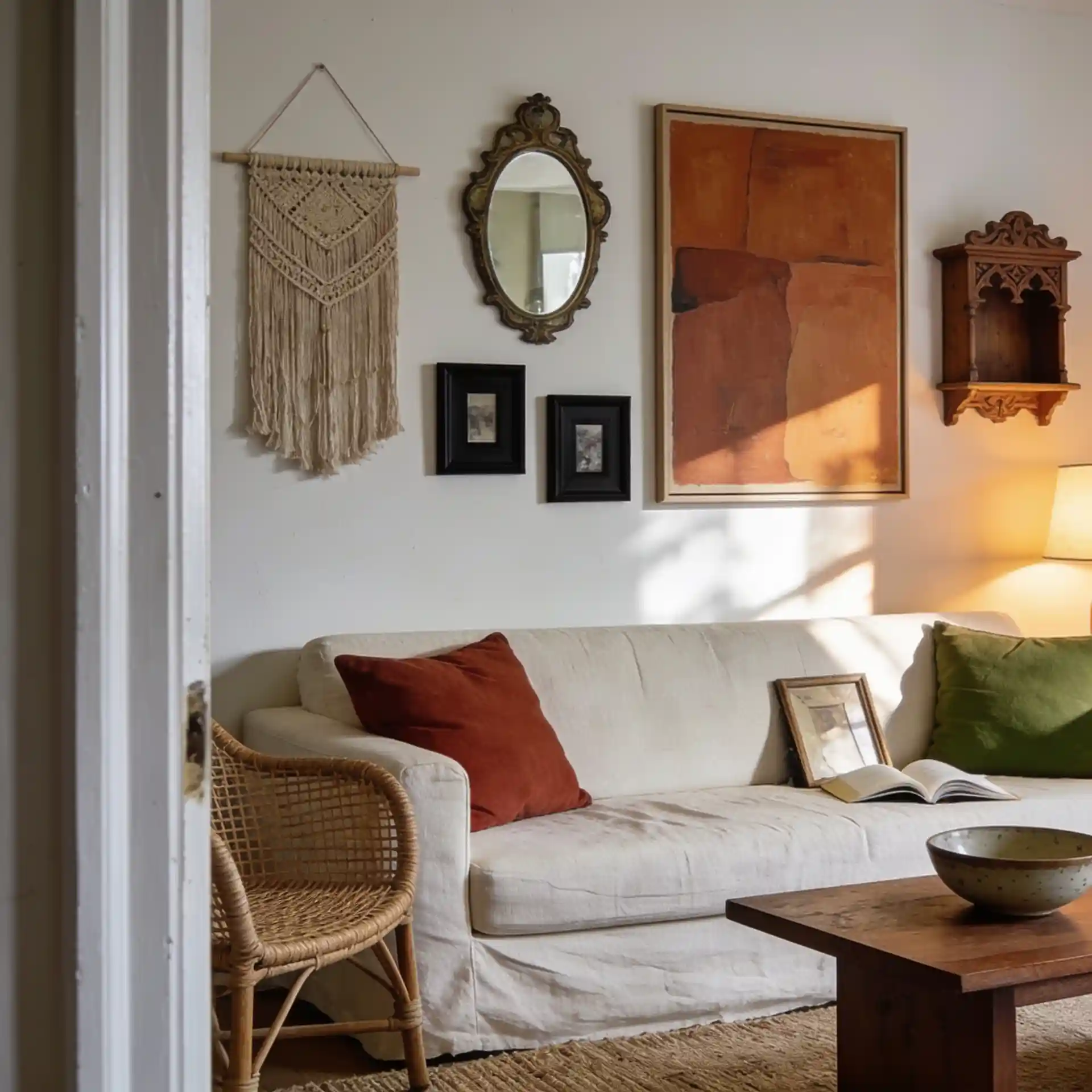 Boho gallery wall with woven hanging, vintage mirror, large art print, and rattan chair