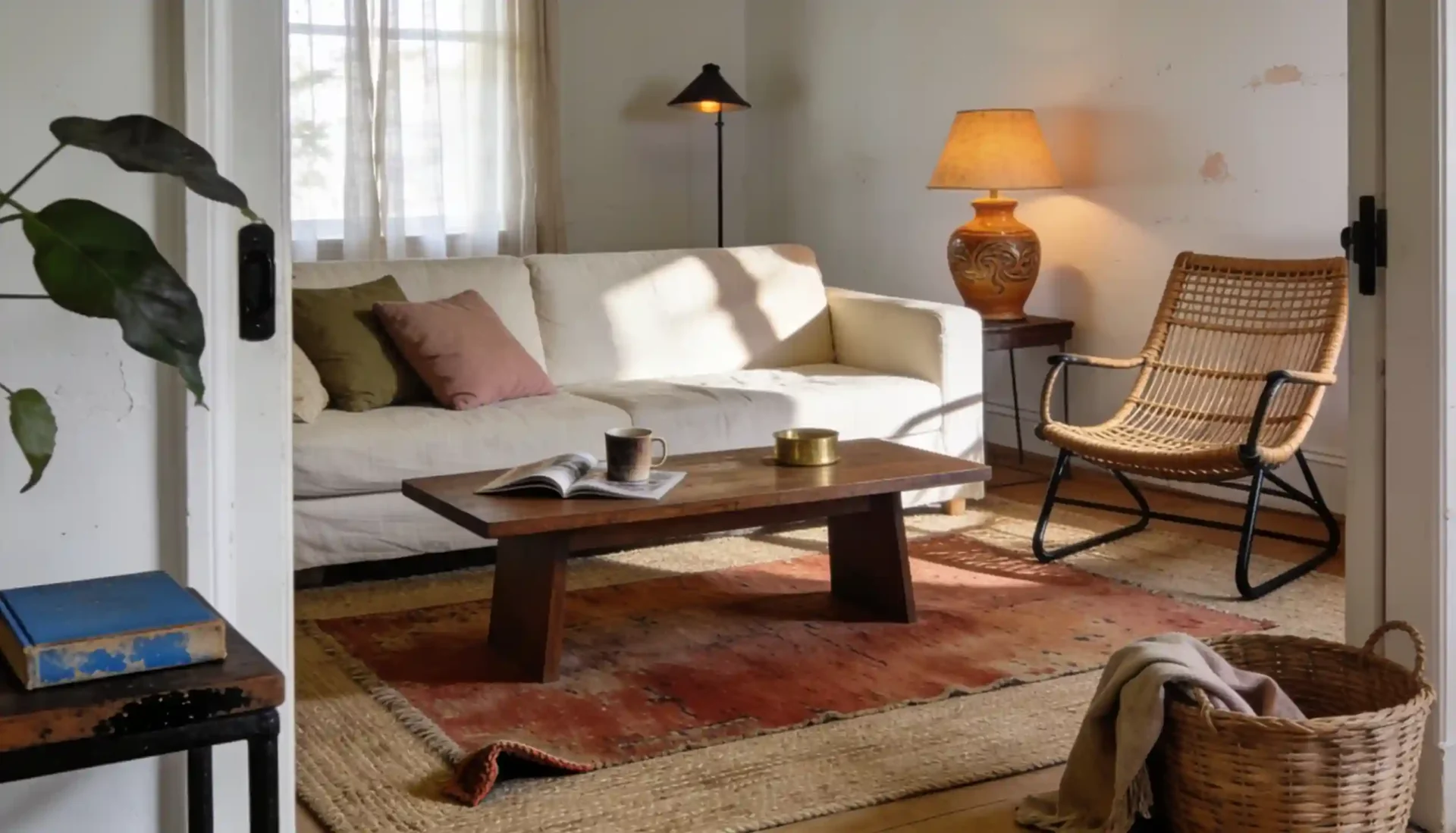 Boho living room ideas with rattan, cream sofa, jute rug, plants, and warm layered lighting