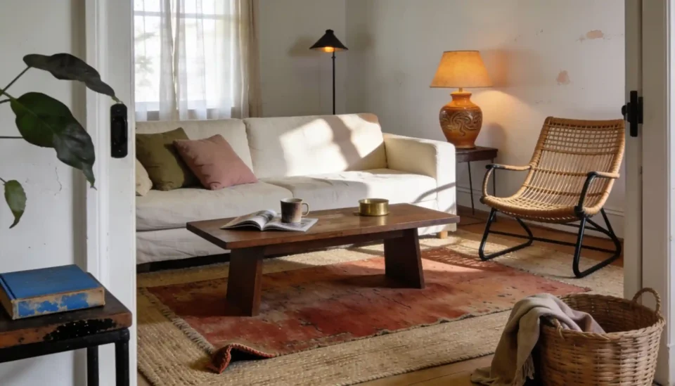 Boho living room ideas with rattan, cream sofa, jute rug, plants, and warm layered lighting