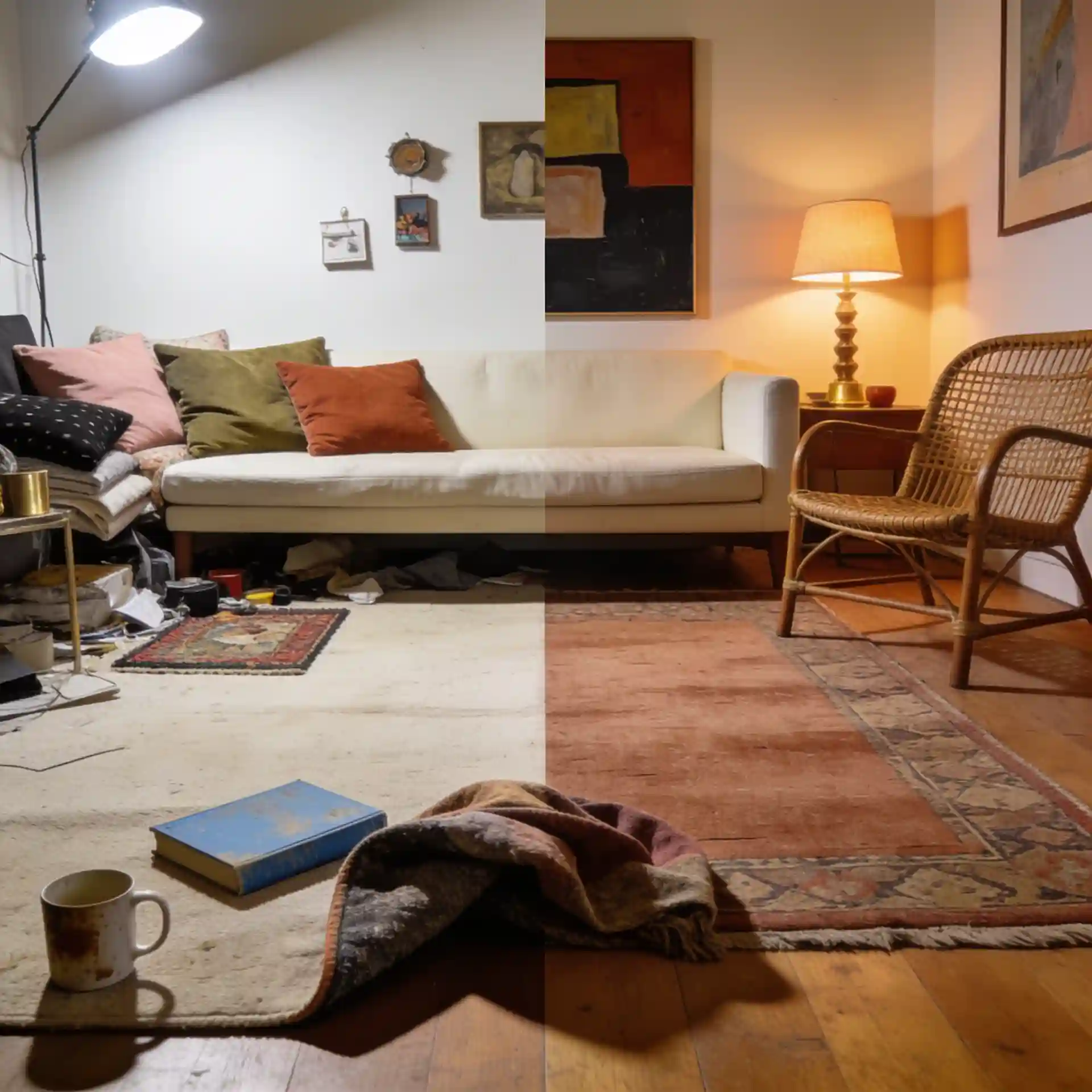 Boho living room comparison showing cluttered styling beside a calmer layered layout
