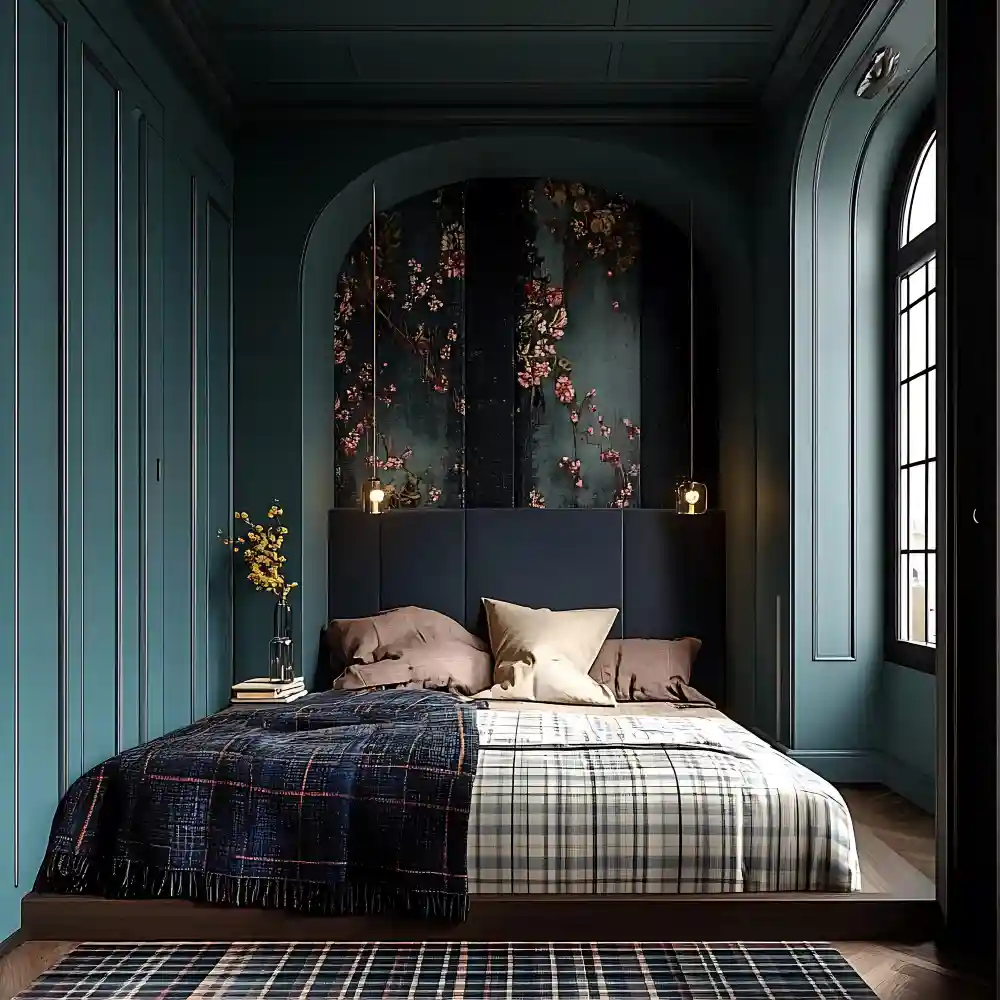 Moody bedroom aesthetic ideas with deep charcoal wall, layered vintage rugs, brass lamp, and books