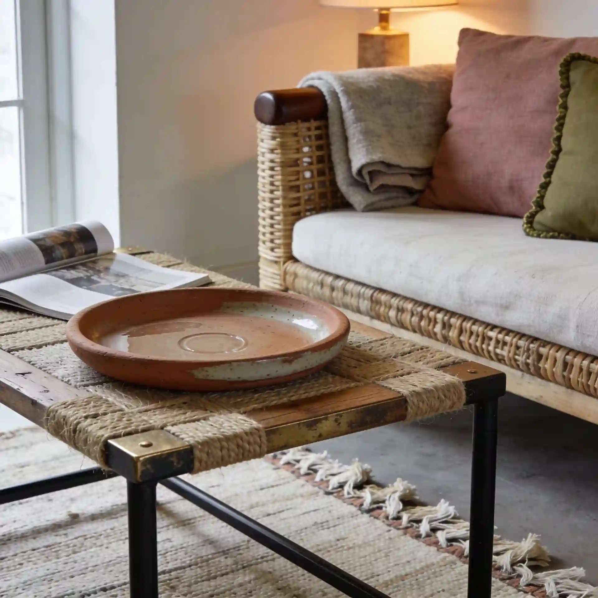 Close-up of jute, wool, linen, rattan, clay, brass, and ceramic textures in a boho room