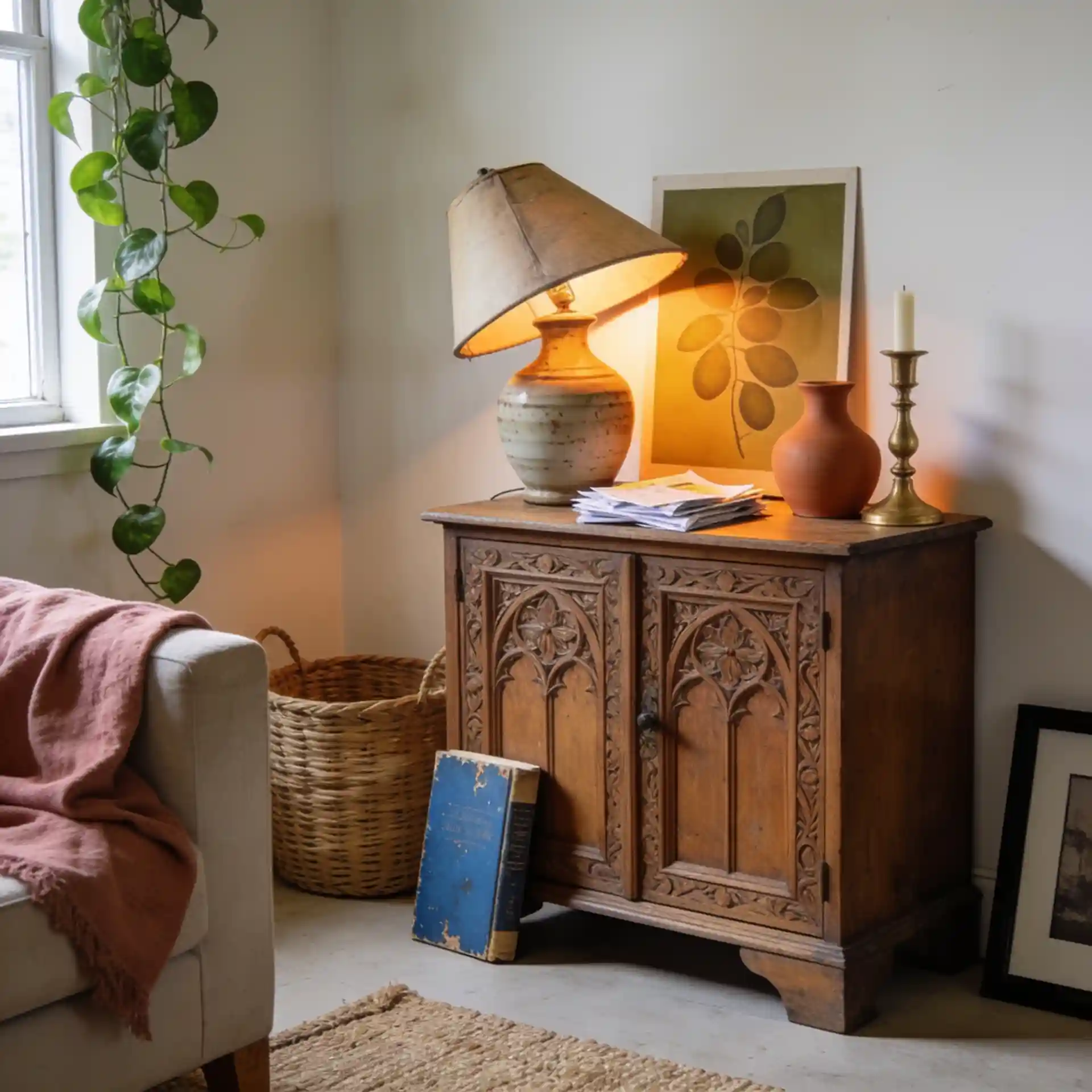 Vintage carved wood cabinet with ceramic lamp, woven basket, plants, and warm boho lighting