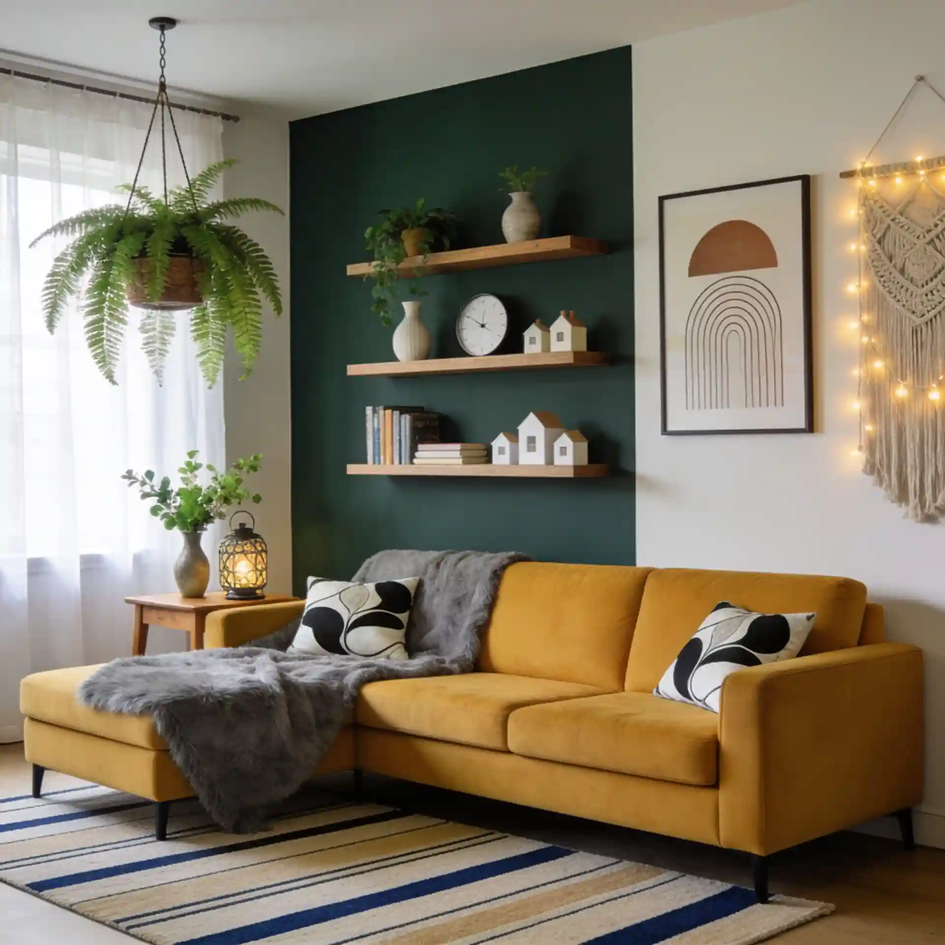 Colorful mid-century modern living room with a mustard velvet sofa, walnut furniture, and bold jewel-tone accents