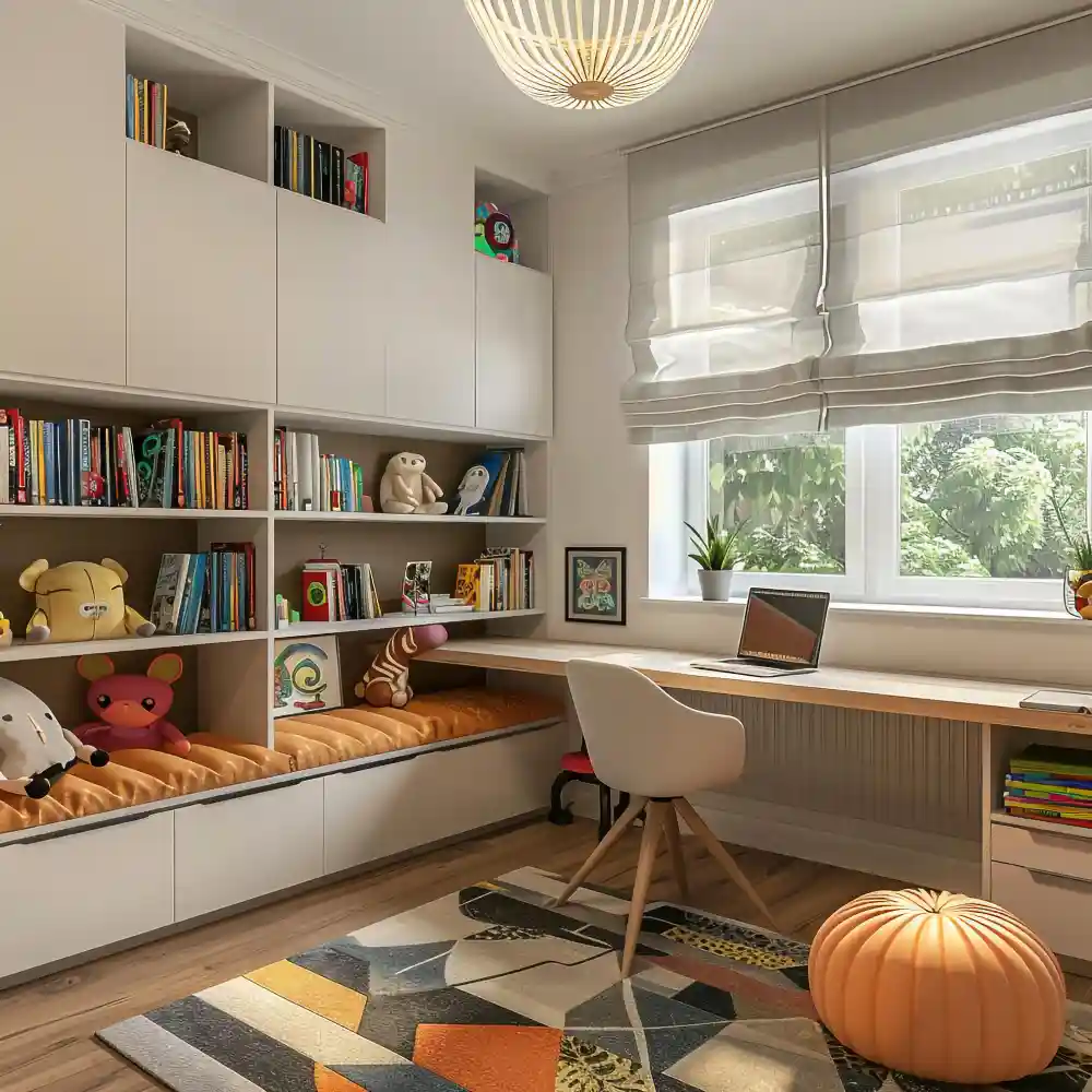 Low open bookcase used as a room divider at the foot of a studio apartment bed, shelves styled with books and ceramics