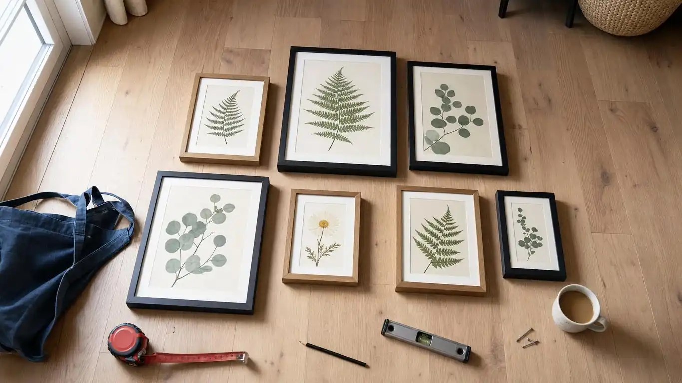 Botanical art frames laid out on the floor to plan even spacing before hanging on the wall