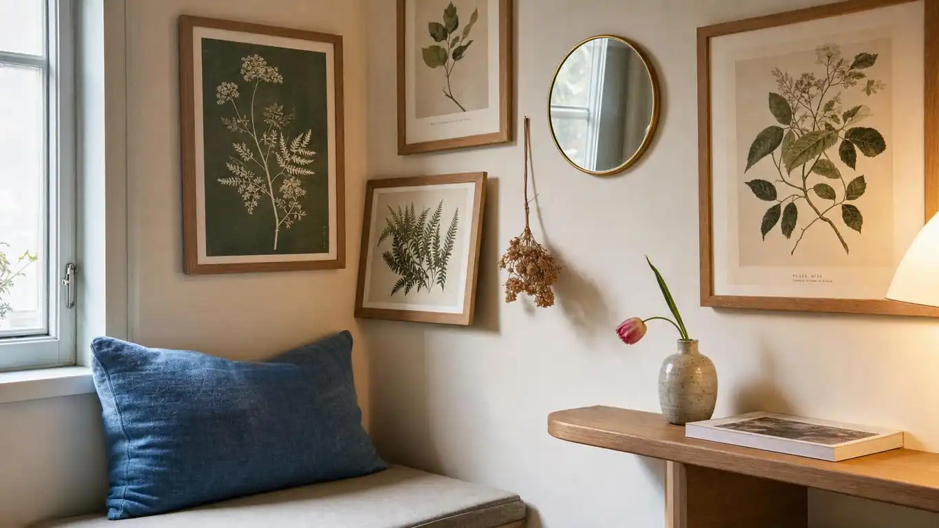 Mixed botanical gallery wall with prints, a round mirror, and a small dried flower hanging